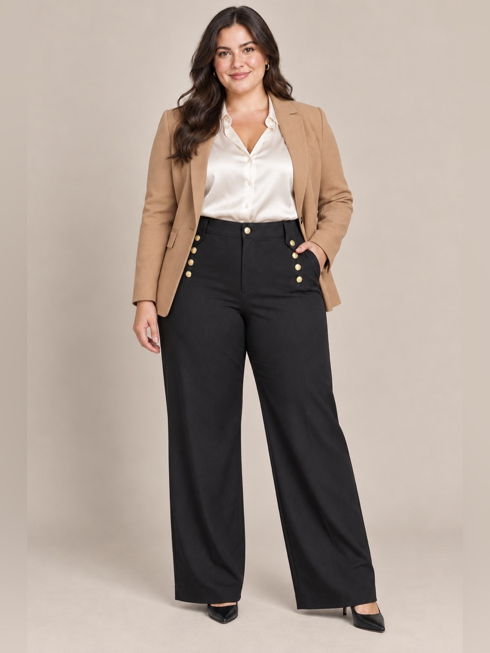 Lauren Ralph Lauren Black Wide Leg Pants Gold Button Stretch Size 18 Workwear